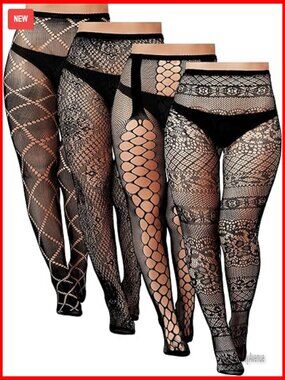 Plus Size Fishnet Stockings 4-Pack Thigh High Nylon Spandex XXL-XXXL